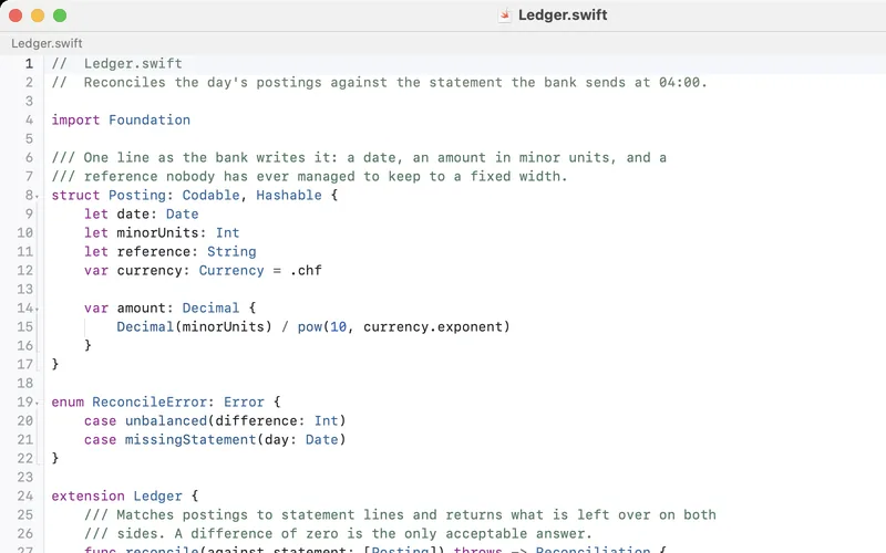 The built-in Light theme: white page, purple keywords, red strings, blue types.